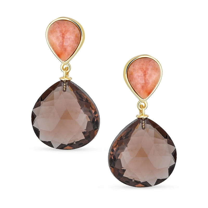 Bling Jewelry Elegant Translucent Briolette Peach Chocolate Brown Pear Shaped Natural Smoky Quartz Faceted Teardrop Drop Earrings Gold Plated