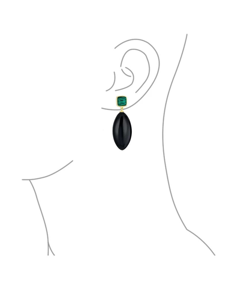 Bling Jewelry Unique Linear Malachite Black Natural Onyx Rhombus Shape Square Multi- Party Dangling Earrings in Gold Plated