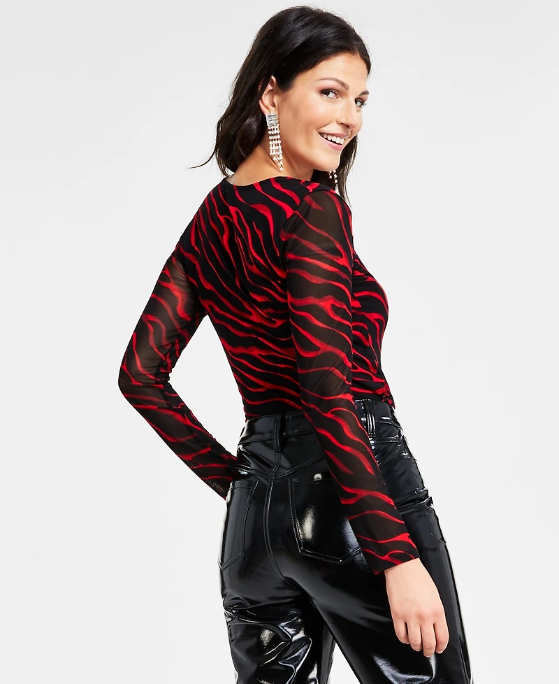I.n.c. International Concepts Women's Printed Asymmetrical-Neck Sheer-Sleeve Top, Created for Macy's