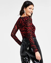 I.n.c. International Concepts Women's Printed Asymmetrical-Neck Sheer-Sleeve Top, Created for Macy's