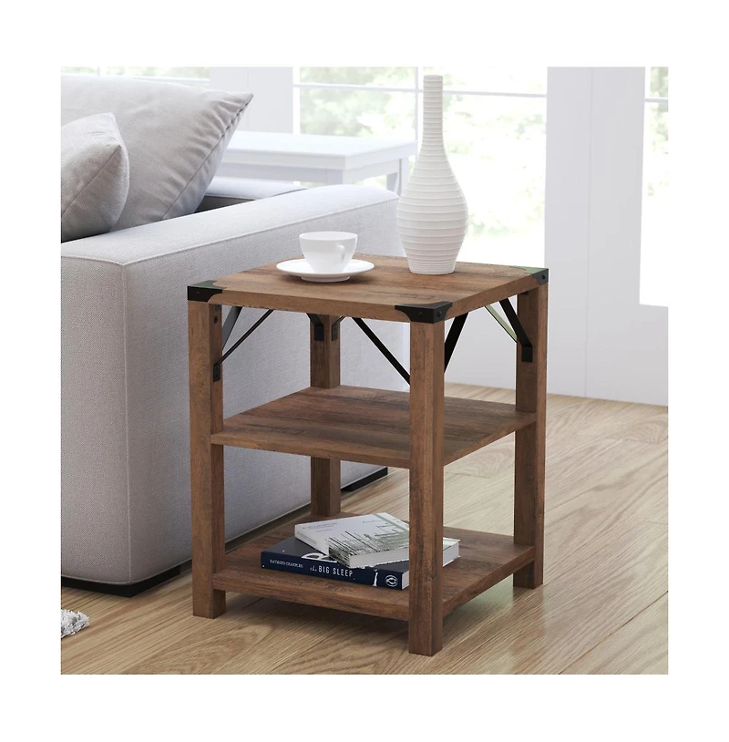 Merrick Lane Green River Modern Farmhouse Engineered Wood End Table With Two Tiered Shelving And Powder Coated Steel Accents