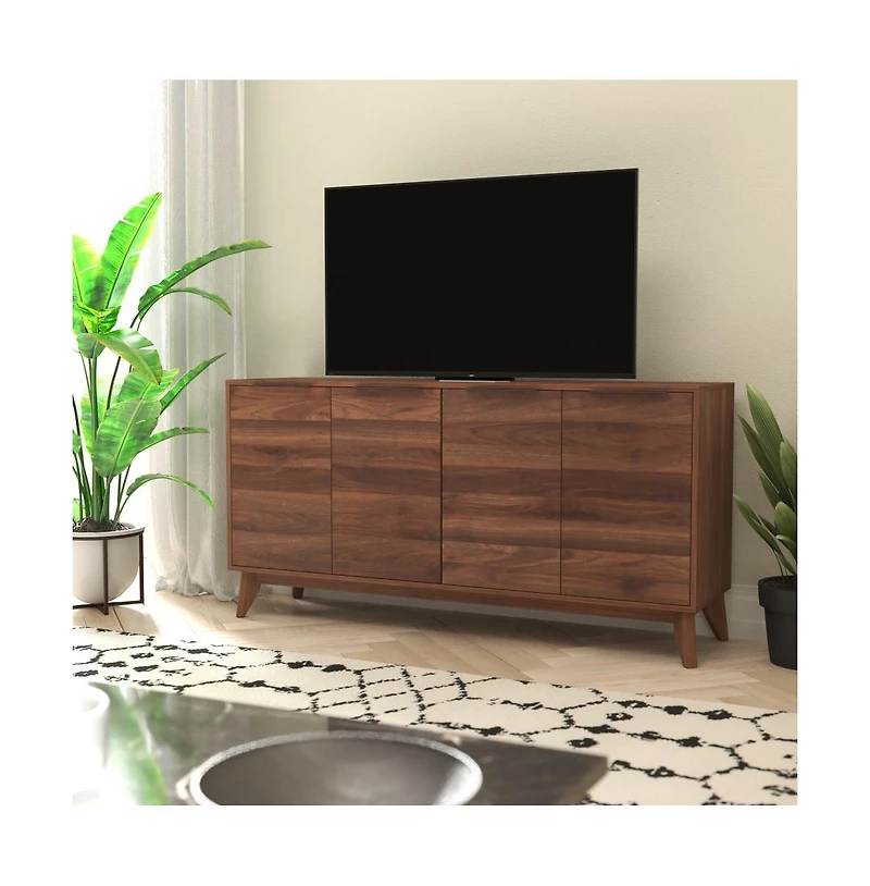 Emma+Oliver Beverly Mid-Century Modern Wooden Buffet With Soft Close Doors, Shelving And Sleek Tapered Legs With Protective Floor Glides