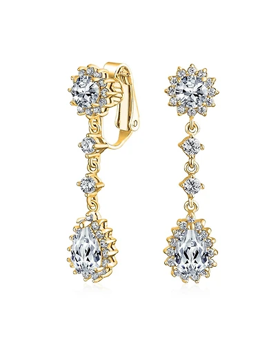 Bling Jewelry Statement Teardrop Pave Crown Halo Cubic Zirconia Cz Dangle Chandelier Clip On Earrings Non-Pierced