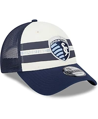Men's New Era White, Navy Sporting Kansas City Team Stripes 9FORTY Trucker Snapback Hat