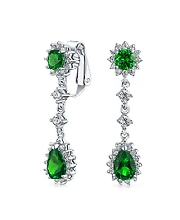 Bling Jewelry Statement Teardrop Pave Crown Halo Cubic Zirconia Cz Dangle Chandelier Clip On Earrings Non-Pierced
