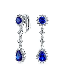 Bling Jewelry Statement Teardrop Pave Crown Halo Cubic Zirconia Cz Dangle Chandelier Clip On Earrings Non-Pierced