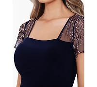 Betsy & Adam Petite Short Sleeve Mesh Gown