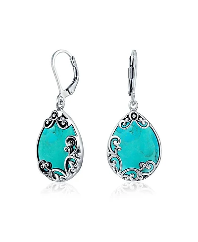 Bling Jewelry Boho Western Large Flat Teardrop Natural Stone Filigree Scroll Lever Back Dangle Earrings Oxidized .925 Sterling Silver