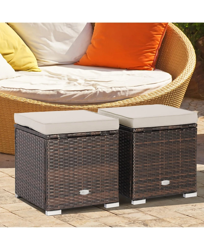 2PCS Patio Rattan Ottomans Seat Side Table Storage Box Footstool with Cushion