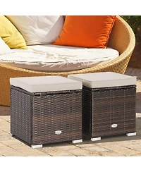 2PCS Patio Rattan Ottomans Seat Side Table Storage Box Footstool with Cushion