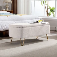 Streamdale Furniture Ivory Storage Ottoman Bench For End Of Bed Gold Legs, Modern Ivory Faux Fur Entry