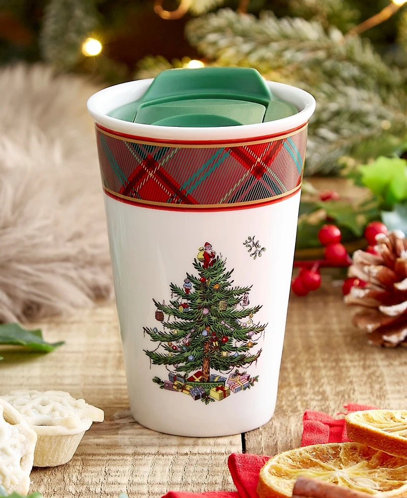 Spode Christmas Tree Tartan Porcelain Travel Mug with Lid