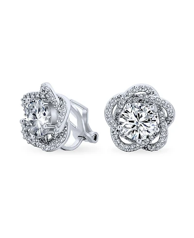 Bling Jewelry Elegant Cubic Zirconia Pave Cz 3D Flower Rose Clip On Earrings Mother Prom Formal Party Non Pierced Ears