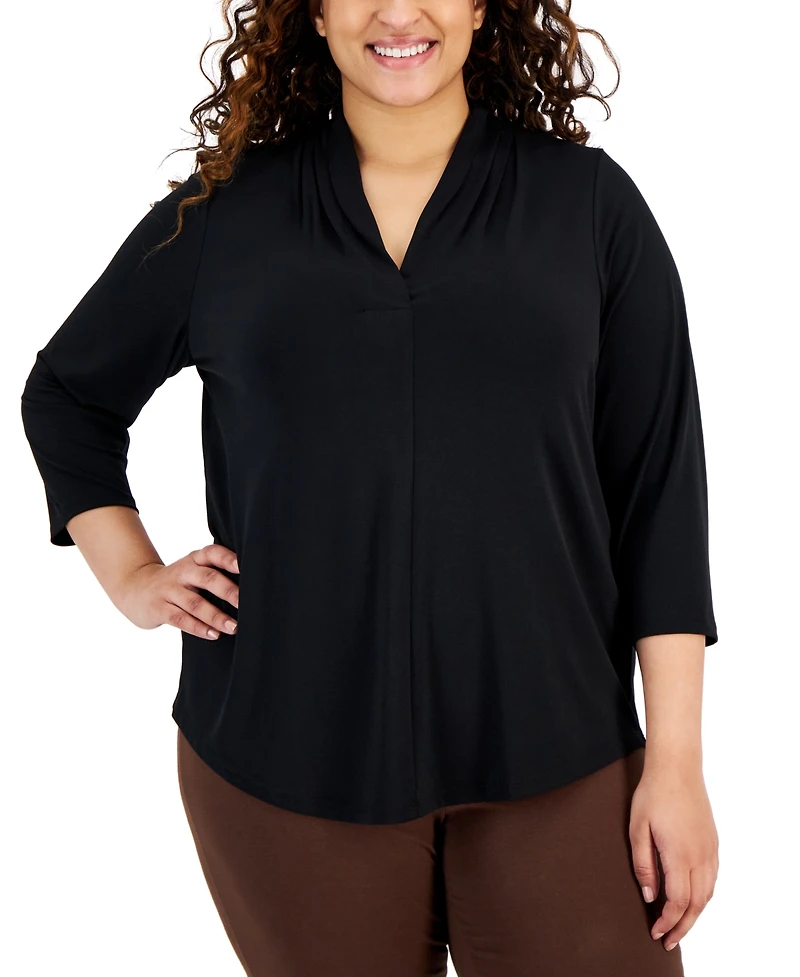 Jm Collection Plus Solid V-Neck 3/4-Sleeve Top