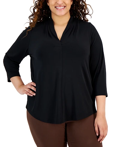 Jm Collection Plus Solid V-Neck 3/4-Sleeve Top