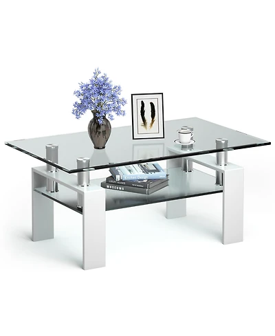 Rectangle Glass Coffee Table Metal Legs End Table Livingroom