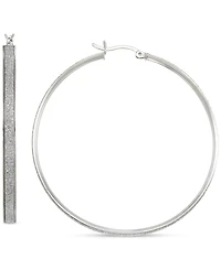 Glitter Round Medium Hoop Earrings in Sterling Silver, 2"