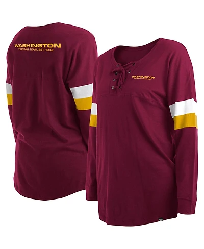 Women's New Era Burgundy Washington Commanders Plus Size Athletic Varsity Lace-Up V-Neck Long Sleeve T-shirt