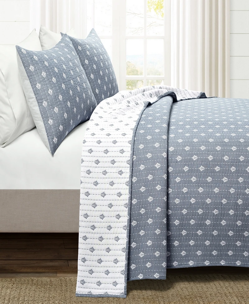 Lush Decor Hygge Kantha Pick Stitch Yarn Dyed Cotton Jacquard 3-Piece Quilt Set, King