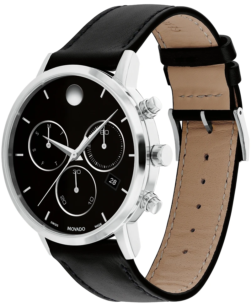 Movado Men's Museum Classic Swiss Quartz Chrono Black Leather Watch 42mm