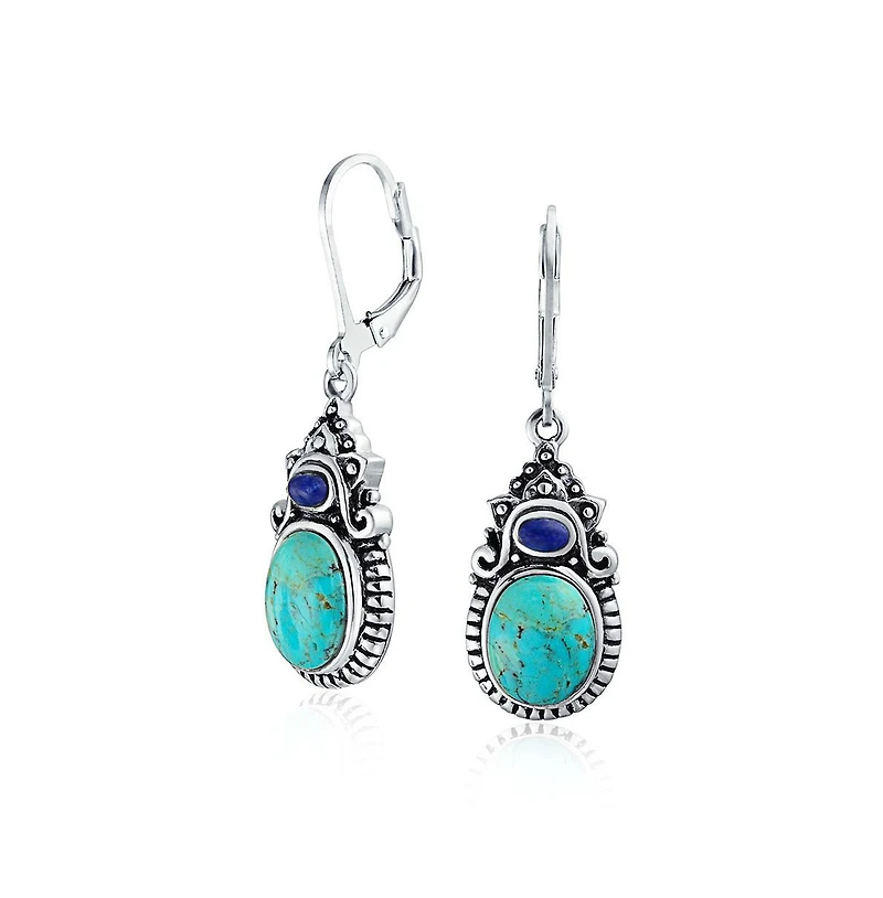 Bling Jewelry South Western Style Multi Stones Natural Stabilized Turquoise Oval Lapis Lever back Dangle Earrings Sterling Silver