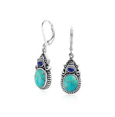 Bling Jewelry South Western Style Multi Stones Natural Stabilized Turquoise Oval Lapis Lever back Dangle Earrings Sterling Silver