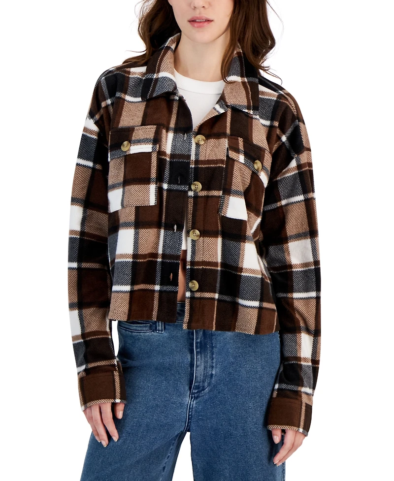 Just Polly Juniors' Plaid Chest-Pocket Shacket