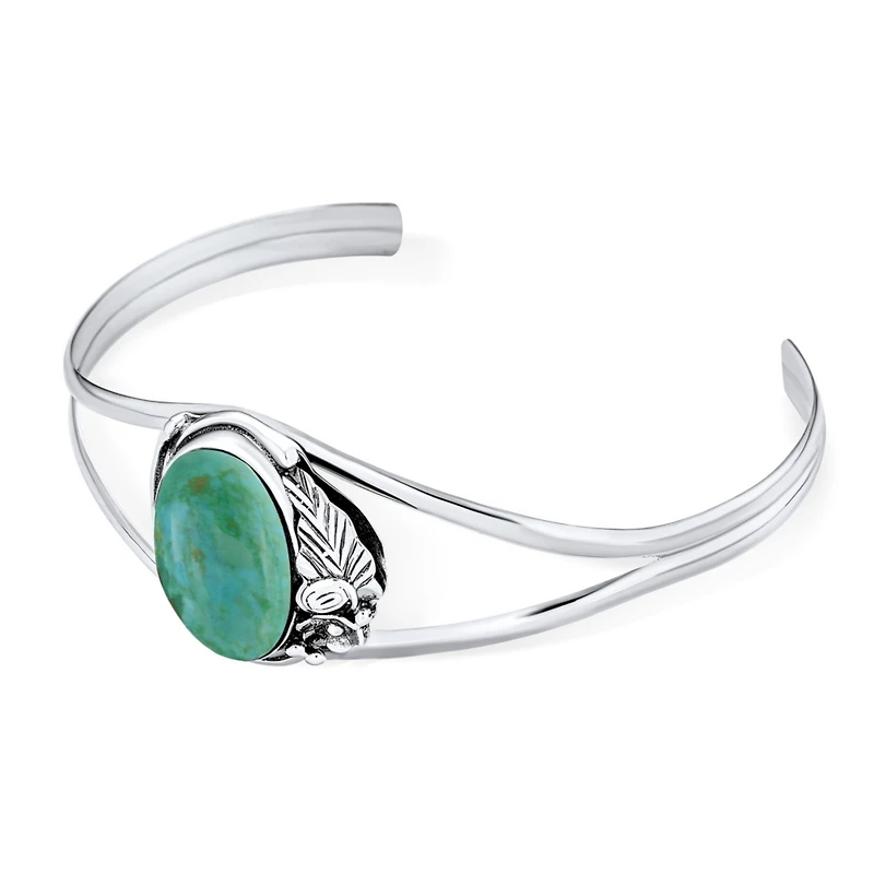 Bling Jewelry Nature Leaf Flowers Round Cabochon Statement Natural Turquoise Wide Cuff Bracelet Sterling Silver