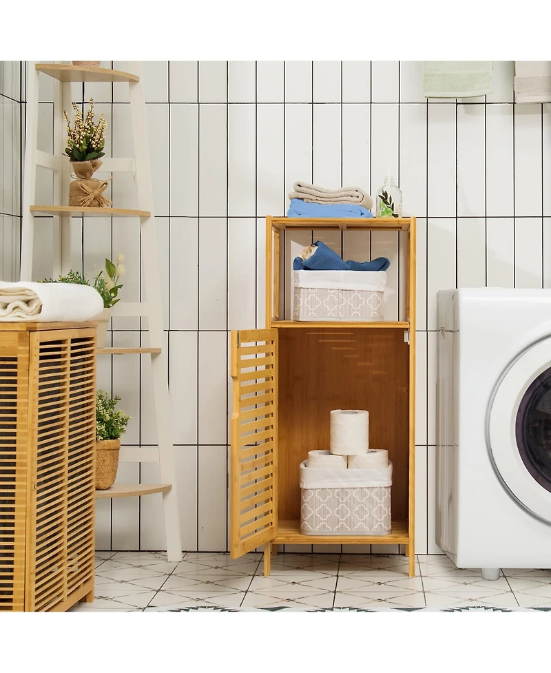 Bamboo Bathroom Storage Floor Cabinet w/Door and Shelf Corner Cabinet