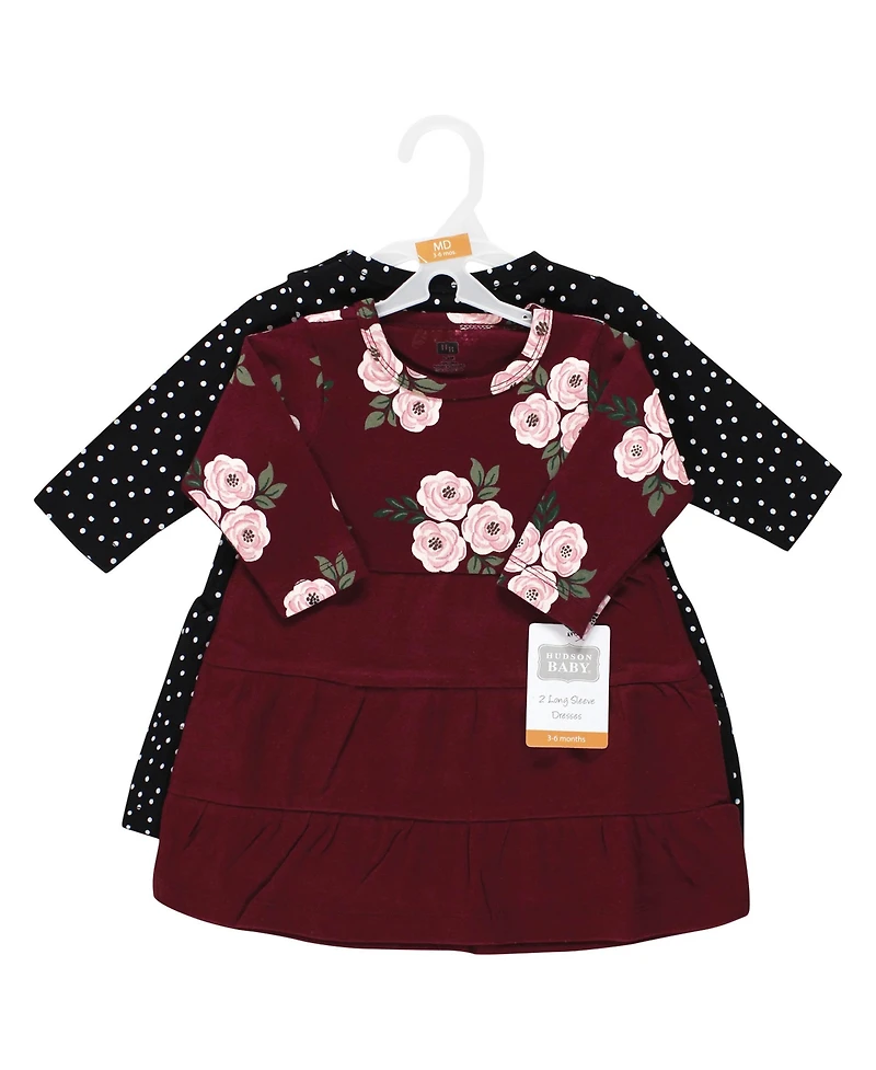 Hudson Baby Toddler Girls Cotton Long-Sleeve Dresses 2pk, Gray Winter Forest