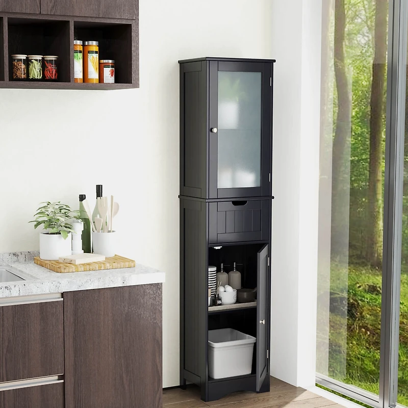Bathroom Tall Cabinet Freestanding Linen Tower with Doors & Drawer
