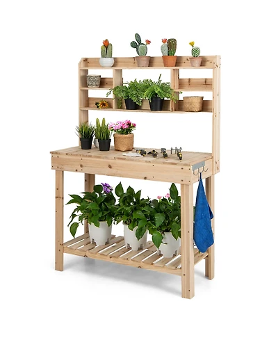 Costway Potting Bench Table Wooden Garden Work Bench Platform with Display Rack Hidden Sink