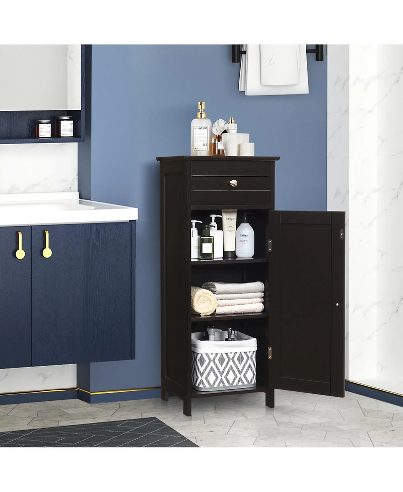 Bathroom Floor Cabinet Wooden Storage Organizer Free-Standing w/ Drawer & Shelf
