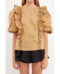 English Factory Women's Double Ruffle Poplin Puff Sleeve Blouse