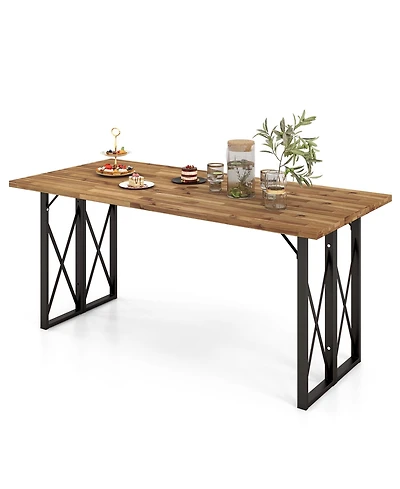 Costway 67'' Patio Rectangle Table Heavy-Duty Acacia Wood Dining Table with Umbrella Hole