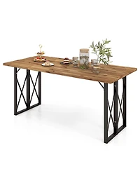 Costway 67'' Patio Rectangle Table Heavy-Duty Acacia Wood Dining Table with Umbrella Hole