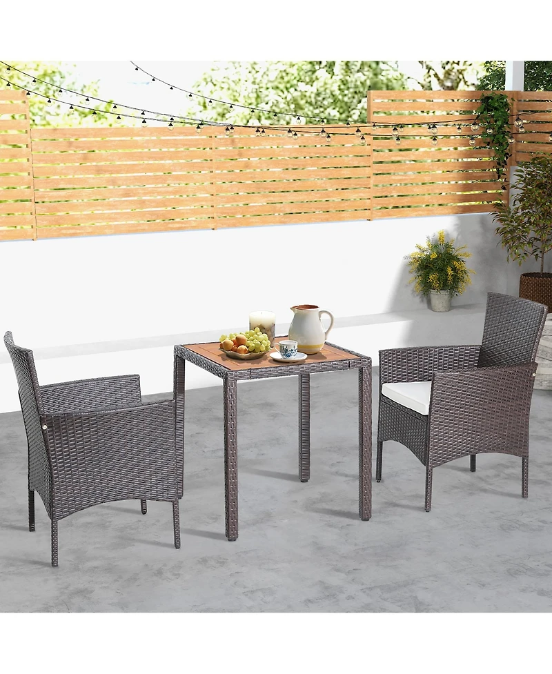 Costway 3PCS Patio Wicker Dining Set Acacia Wood Table Top with Cushioned Chairs Garden