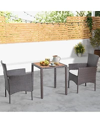 Costway 3PCS Patio Wicker Dining Set Acacia Wood Table Top with Cushioned Chairs Garden