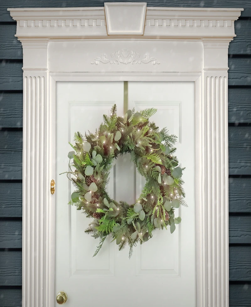 National Tree Company First Traditions Collection, 30" Artificial North Conway Wreath with Glittery Cones and Eucalyptus, 100 Warm White Led Lights