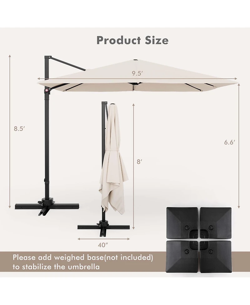 Costway Patio 9.5FT Square Cantilever Offset Hanging Umbrella 2-Tier 360° Outdoor