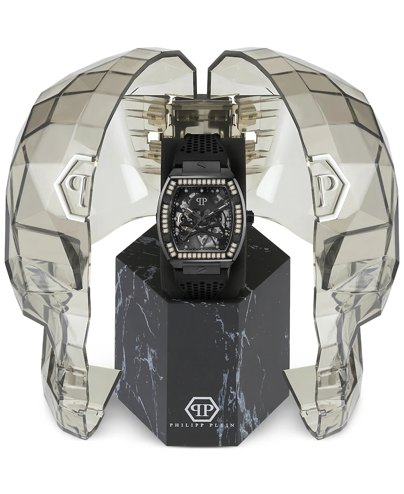 Philipp Plein Men's Automatic The Keleton Black Silicone Strap Watch 44mm