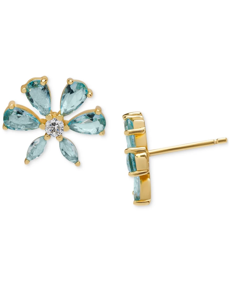 Lab-Grown Aquamarine (1-7/8 ct. t.w.) & Lab-Grown White Sapphire (1/5 ct. t.w.) Flower Stud Earrings in 14k Gold-Plated Sterling Silver
