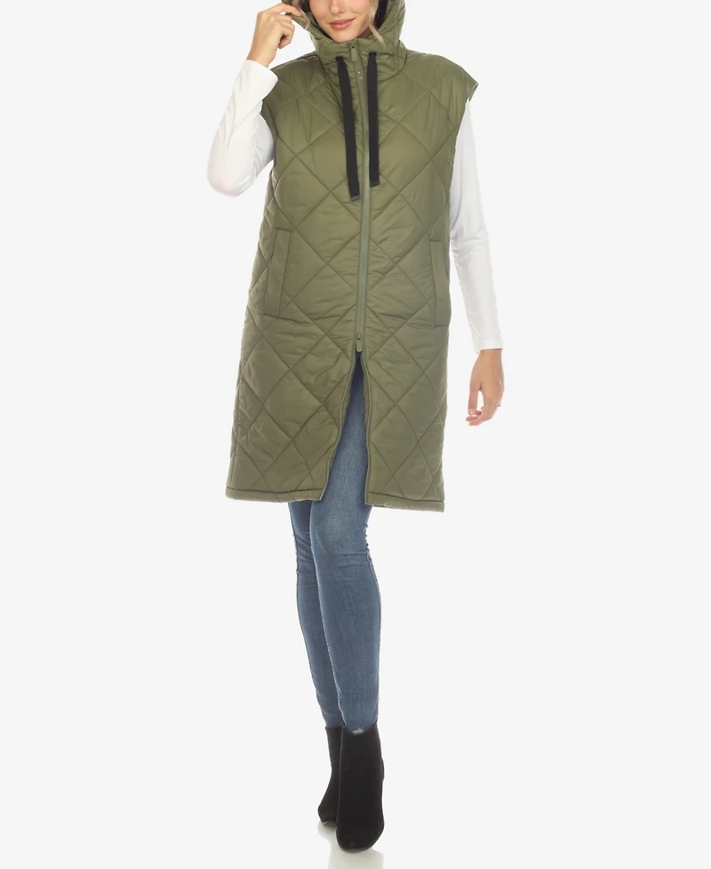 White Mark Women's Diamond Quilted Hooded Long Puffer Vest Jacket
