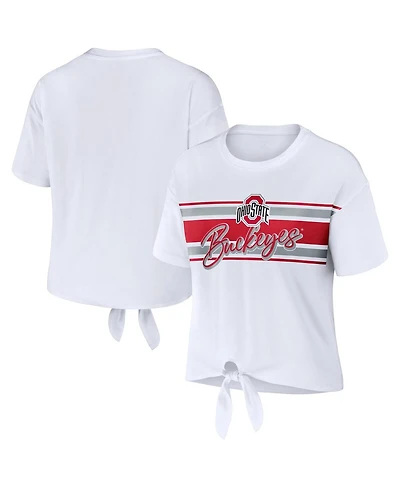 Women's Wear by Erin Andrews White Ohio State Buckeyes Striped Front Knot Cropped T-shirt
