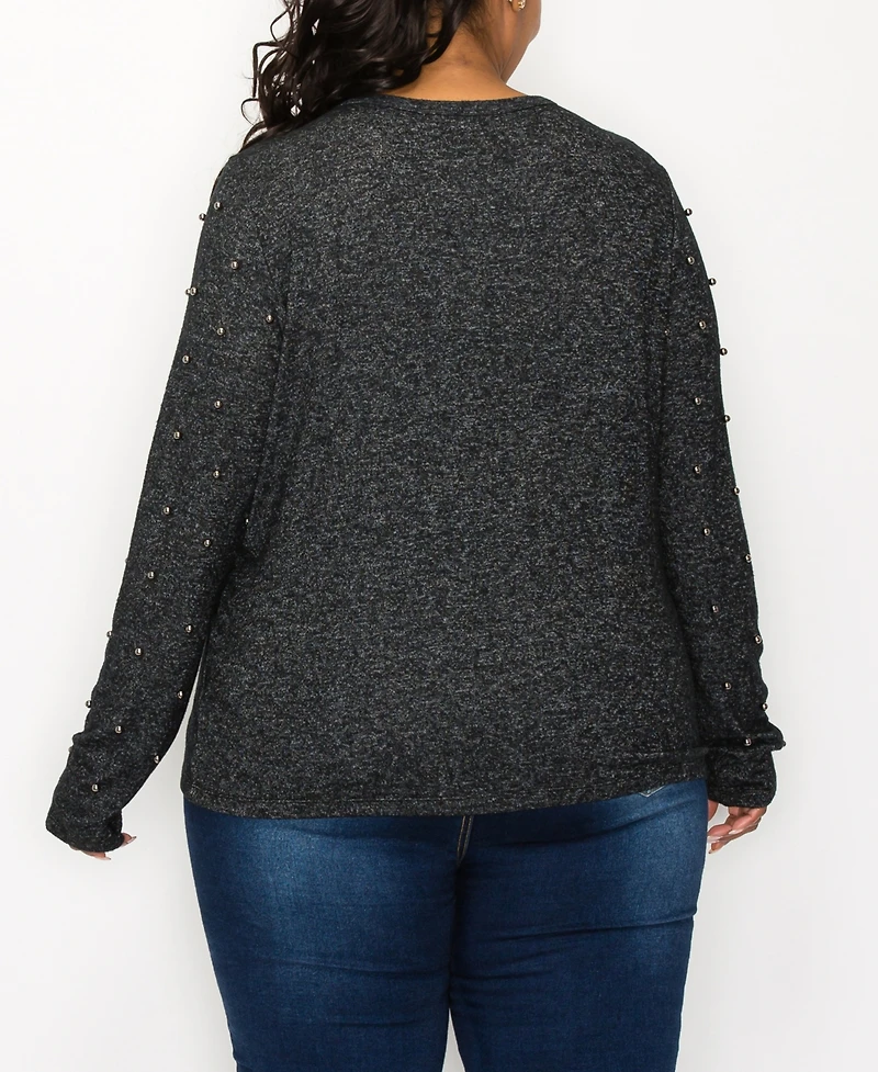 Coin 1804 Plus Size Cozy Long Sleeve Pullover Top with Gunmetal Studs