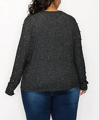 Coin 1804 Plus Size Cozy Long Sleeve Pullover Top with Gunmetal Studs