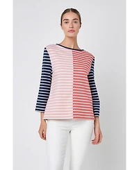 English Factory Women's Striped Color Blocked 3/4 Length Sleeve Tee
