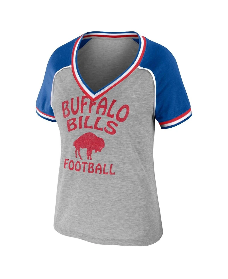 Women's Wear by Erin Andrews Heather Gray Buffalo Bills Throwback Raglan V-Neck T-shirt