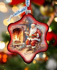 Designocracy Santa at the Fireplace Snowflake Mercury Glass Christmas Ornaments G. DeBrekht