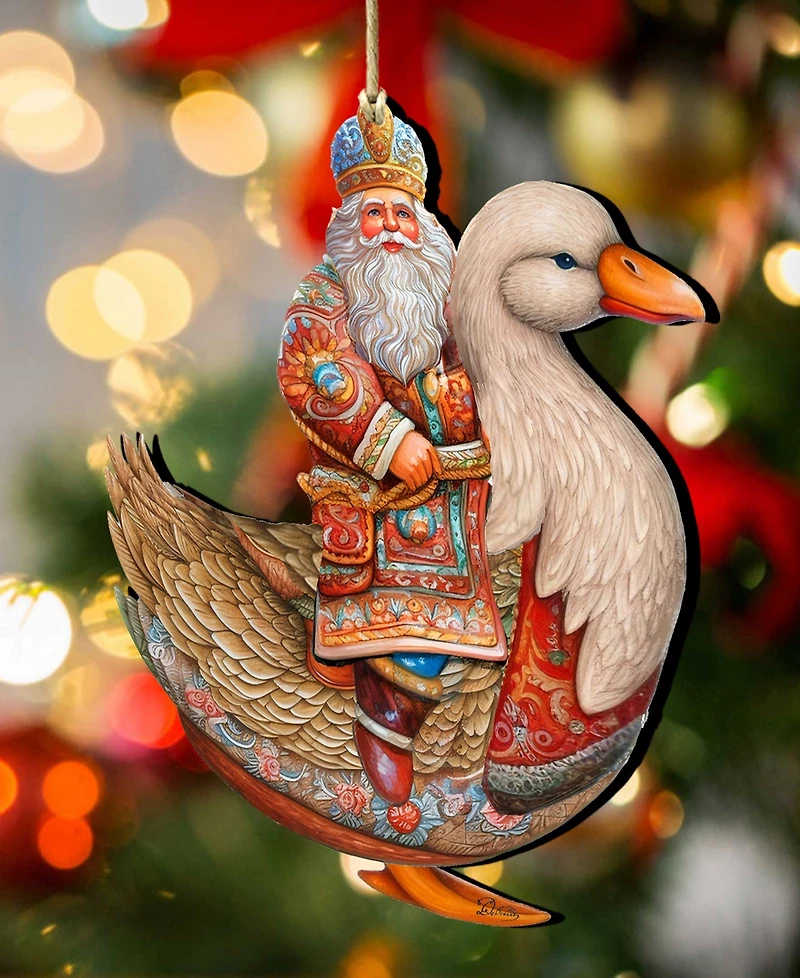 Designocracy Charming Santa on Goose Christmas Wooden Ornaments Holiday Decor G. DeBrekht